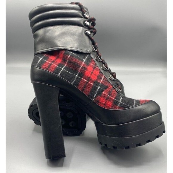 Jessica Simpson Boots  9 Red Black Tartan Plaid Platform Boots Edgy Hunter - Picture 8 of 11